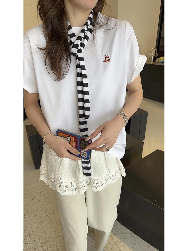 Ice Porcelain Women's Cotton White Short Sleeve Round Neck Print T-shirt, Plus Size Casual Top 2025.