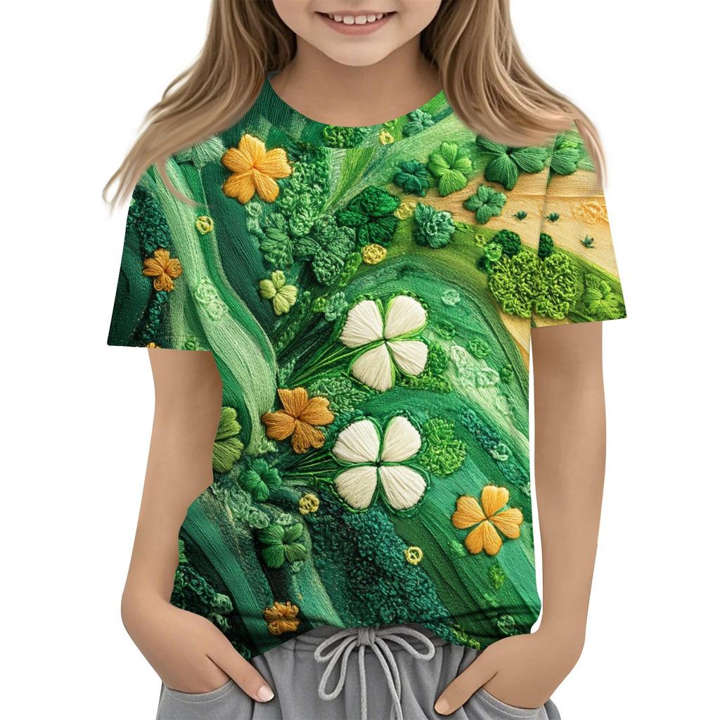 Cut Cartoon Mardi Gras Print T-Shirt Children's T Shirts Kids Girls Clothes Saint Patrick's Day Elsa Series Casual Tops Tees