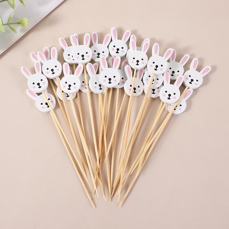 100pcs Easter Disposable Bamboo Skewers Rabbit Eggs Food Picks Fruit Fork Cupcake Buffet Stick Easter Party Decoration Birthday
