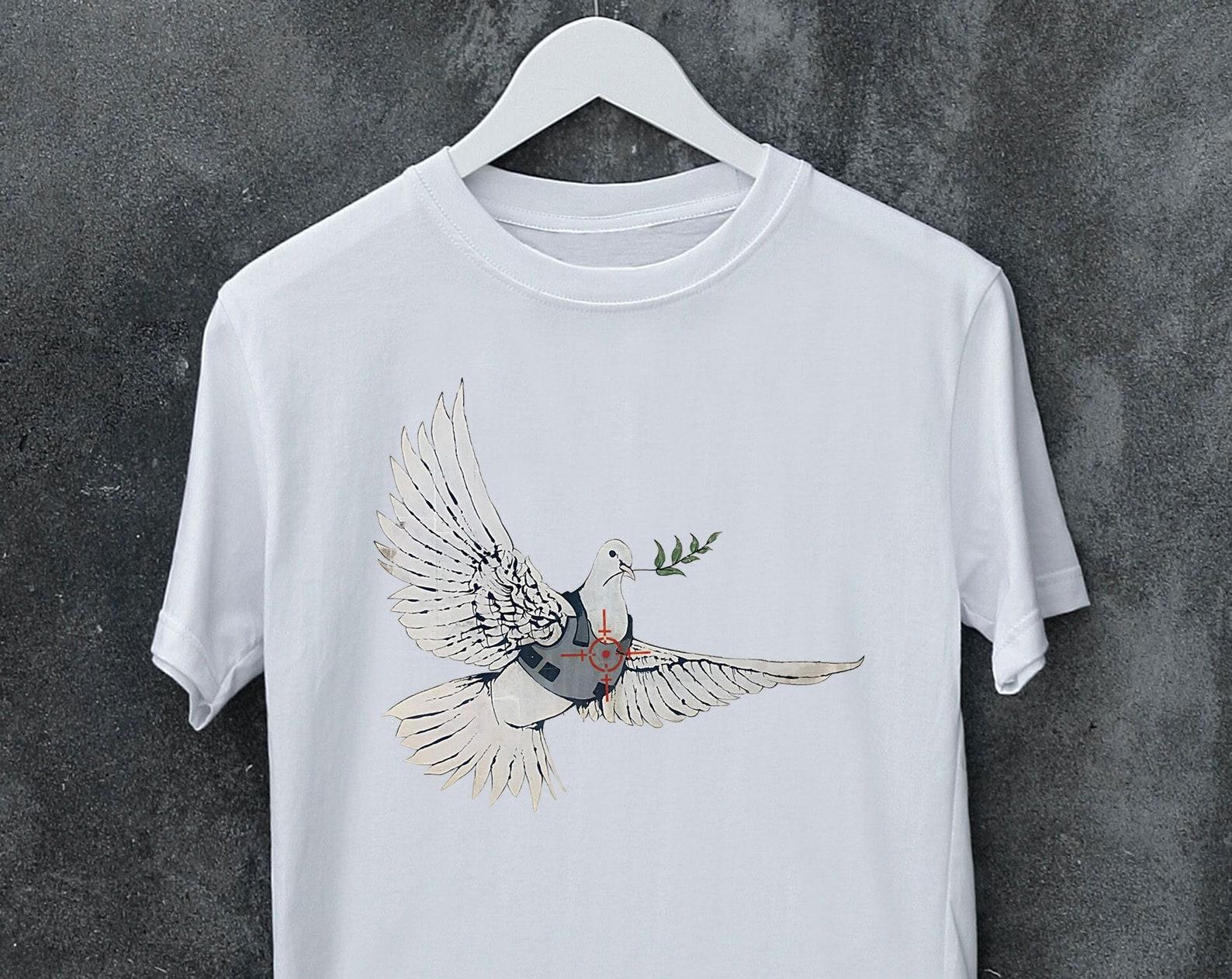 Banksy Peace Dove With Bulletproof West Street Art T shirt Man s, Woman s, Kid s size, Tops Tees, Gift, Meme, Music, Movie, T shirt S