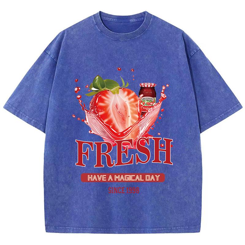 Cotton Womens Acid Wash T-Shirts Fresh Strawberriy Printing Tees Oversize Comfortable O-Neck Short Sleeve Casual Clothes