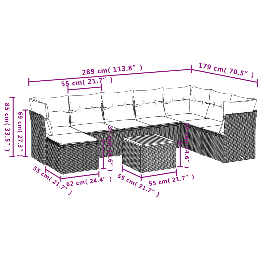 Vidaxl 9-Cz. Set di Mobili da Giardino con Cuscini, Beige, Polyrattan