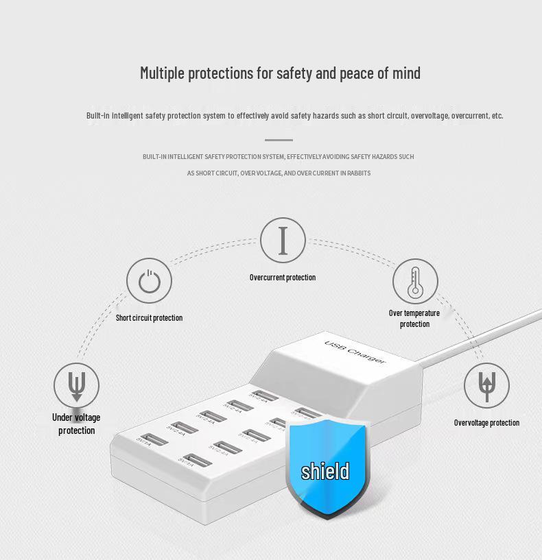Multi-Port USB Charger: 10-Port Fast Charging Universal 5V Phone Charger