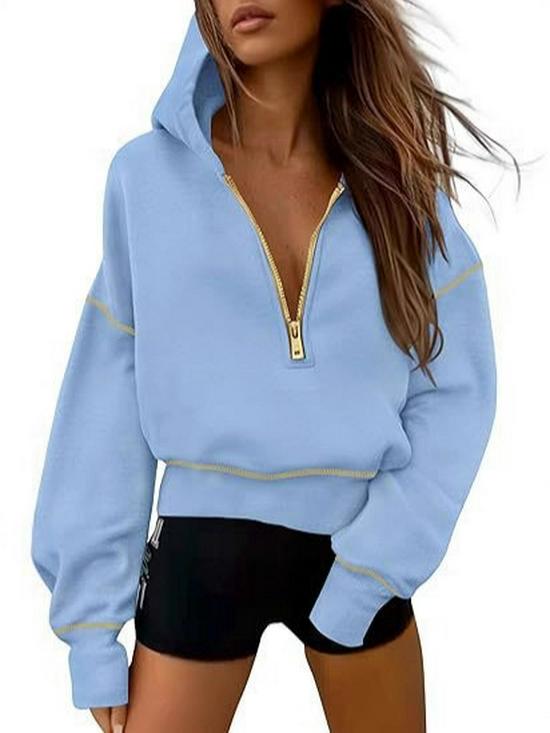 Women's Hooded Long Sleeve Half Zip Cropped Sweatshirt - Casual Autumn Winter Fashion 2026