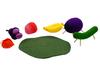 Obon Decoration Set Featuring a Cow and Horse, a Cow (eggplant) and a Horse (cucumber), Ground Cherries, Grapes, Bananas, Strawberries, and a Lotus