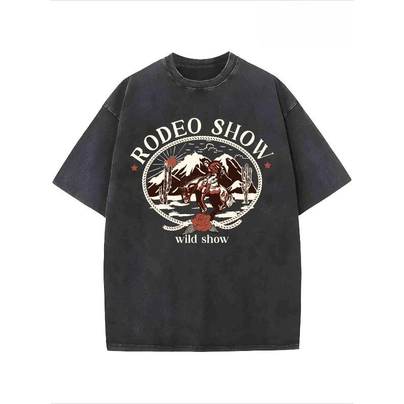 

Men S Rodeo Cowboy Print T-Shirt - Soft Distressed Retro Western Tee with Hot Transfer Horse & Cactus Suitable for Casual, Ranch, Casual Attire S чёрный