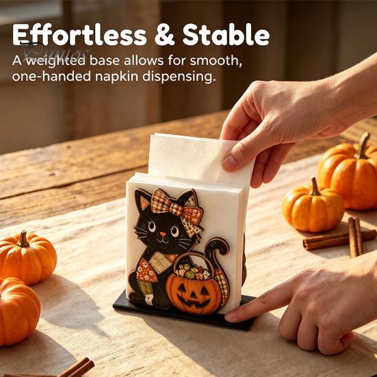 Halloween Kitchen Decor Wooden Napkin Holder, Skeleton Black Cat Gnome Tissue Storage Rack, Cute Counter Accessories Cartoon Tabletop Decorative