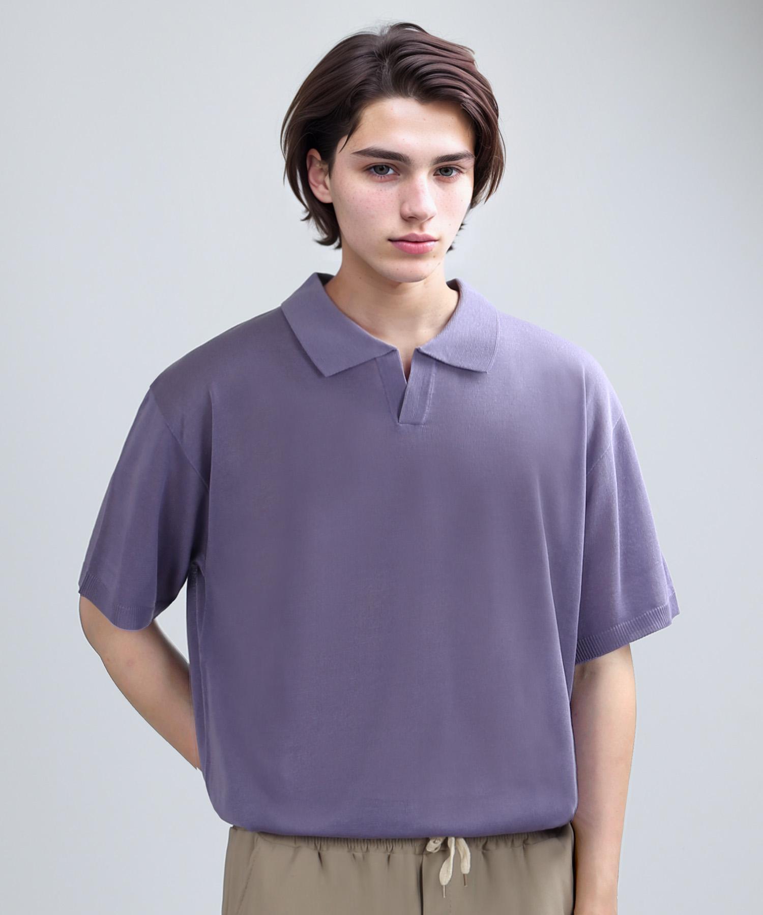 Berry Vein Collar Half Mesh-Knit (Purple) L