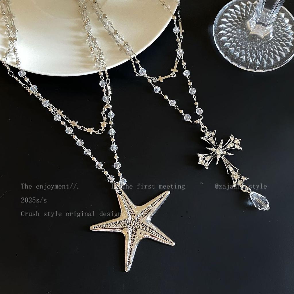 Double-layer stacked starfish beaded necklace women's high-end niche long sweater chain light luxury Spice Girl style neck chain accessories