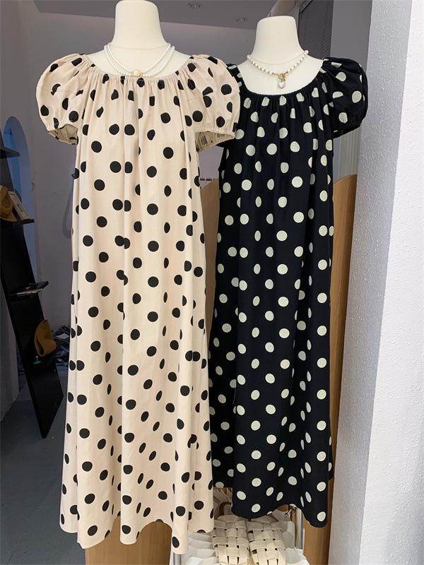 Women's Polka Dot Puff Sleeve Summer Dress - French Retro Style