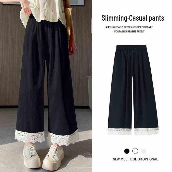 Women's Lace-Trimmed Wide-Leg Pants: Spring/Summer Loose-Fit, Slimming, Plus-Size, Petite Casual Nine-Point Sports Pants