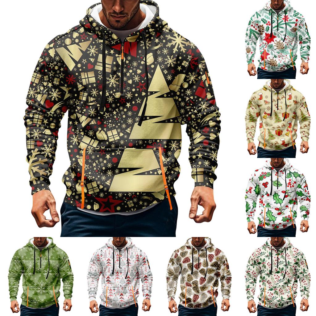 Herren Weihnachten Print Kapuzenpullover Halb-Reißverschluss Lässig Sport Sweatshirt