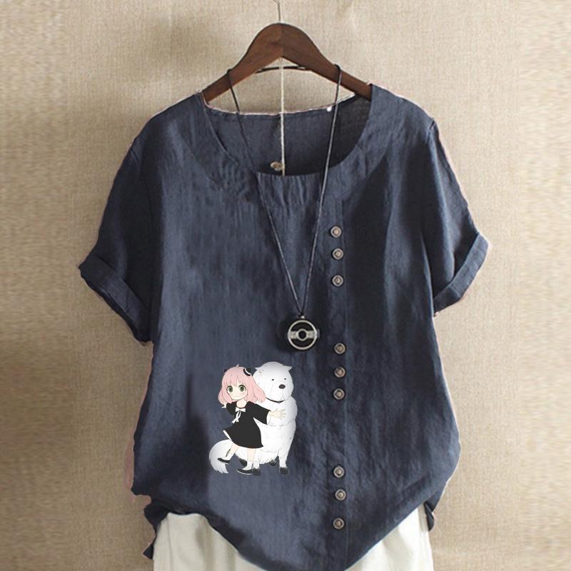 Damenmode Cartoon-Figuren Bedrucktes Kurzarm-T-Shirt Lockeres Baumwollhemd Lässige Lockere Sommerbluse Tops Übergröße