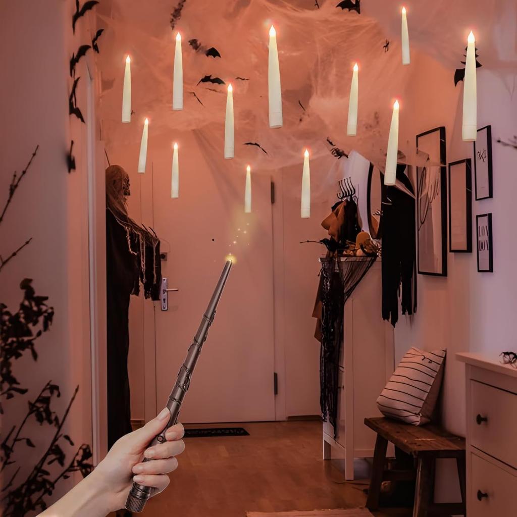 Halloween Decorations - Floating Candles with Wand - 20 Pcs Magic Hanging Flameless Floating LED Candles with Wand Remote - Decor for Indoor Outdoor