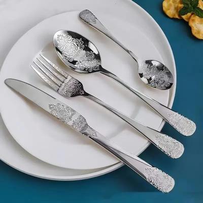 Stainless Steel Cutlery Set Unique Floral Engravings High-end Steak Knife, Fork, Dessert Spoon, Suitable for Banquets Parties