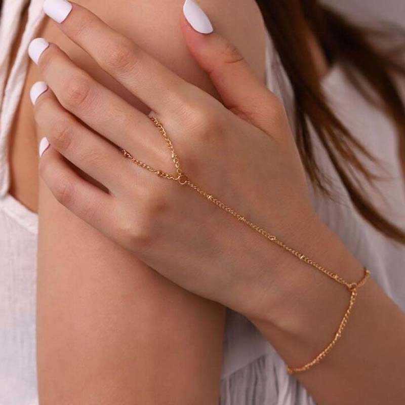 Elegant Tiny Chain Bracelet Finger Ring for Women Fashion Gold Color Metal Link Chains Connecting Hand Harness Bracelets Zircon