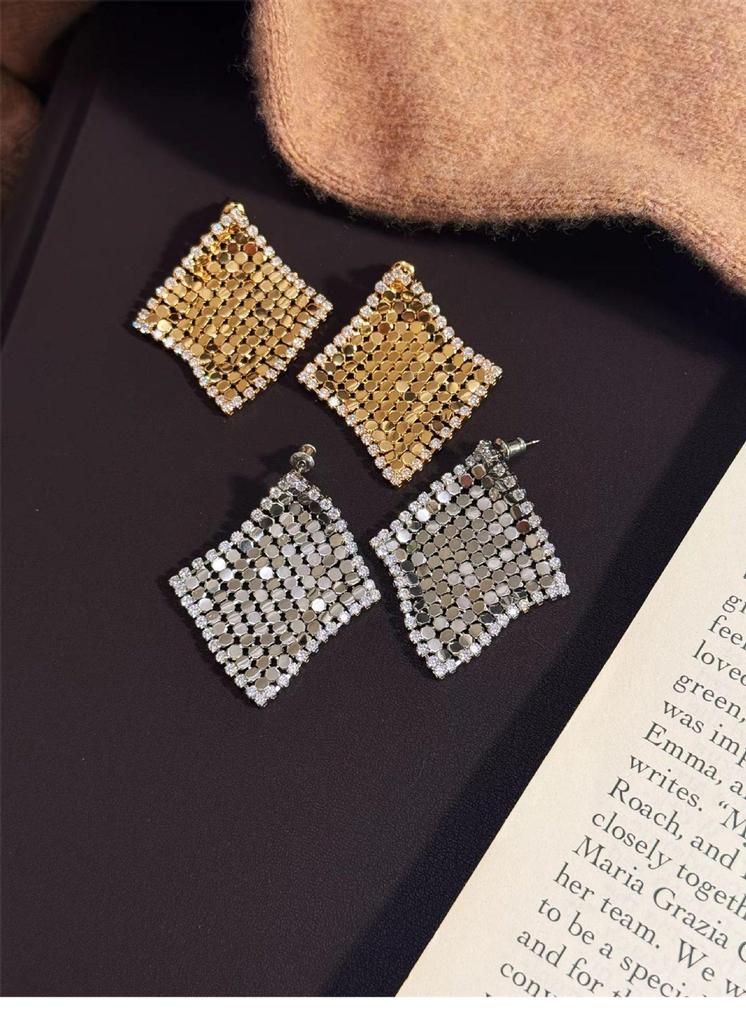 Gold-Plated Silver Zirconia Rhombus Tassel Stud Earrings - Elegant High-End Jewelry for Women