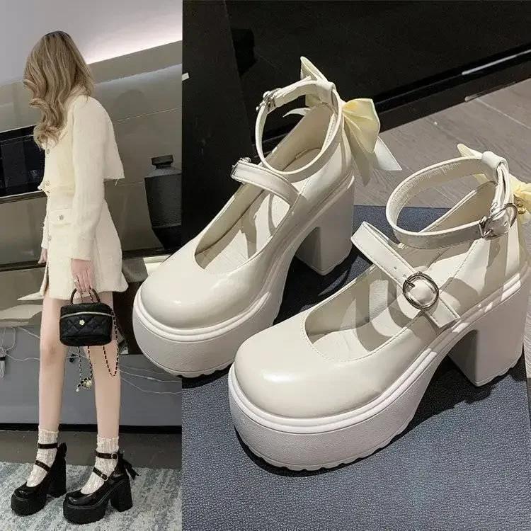 Fashion White High Heels Women's Shoes Summer New Style Platform Mary Janes Sweet Butterfly Knot 10cm Thick Heeled Female Loafers Pumps