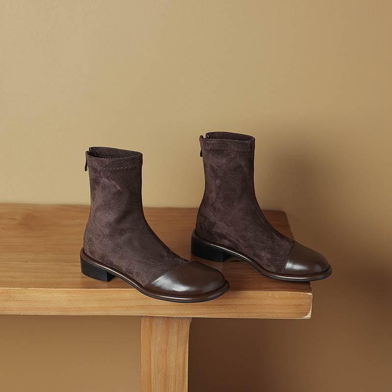 Krazing Pot Flock Autumn Winter Shoes Low Heels Size 43 Stretch Boots Back Patch Work Street Wear Elastic Ankle Boots