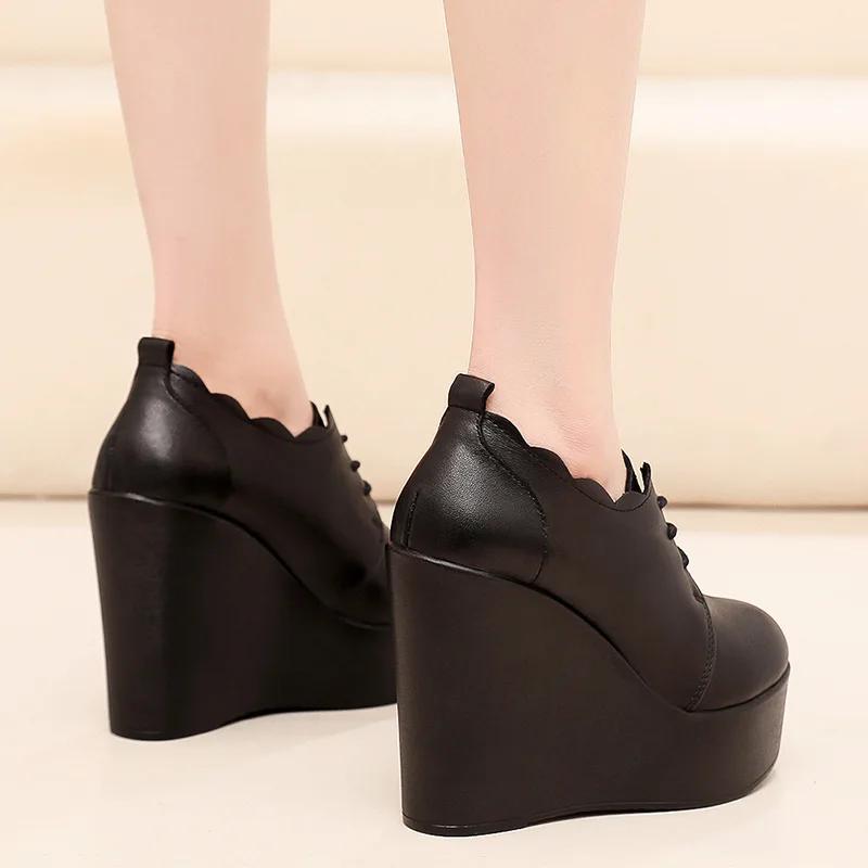 Small Size 33-43 Deep Mouth Genuine Leather Shoes Thick Bottom Platform Pumps 2025 Winter High Heels Wedges Shoes Office Model