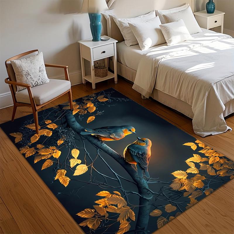 

Elegant Golden Leaf Bird Area Rug Non Slip Soft Floor Carpet for Living Room Bedroom Entryway Enchanting Moonlit Nature Decor 40x60cm