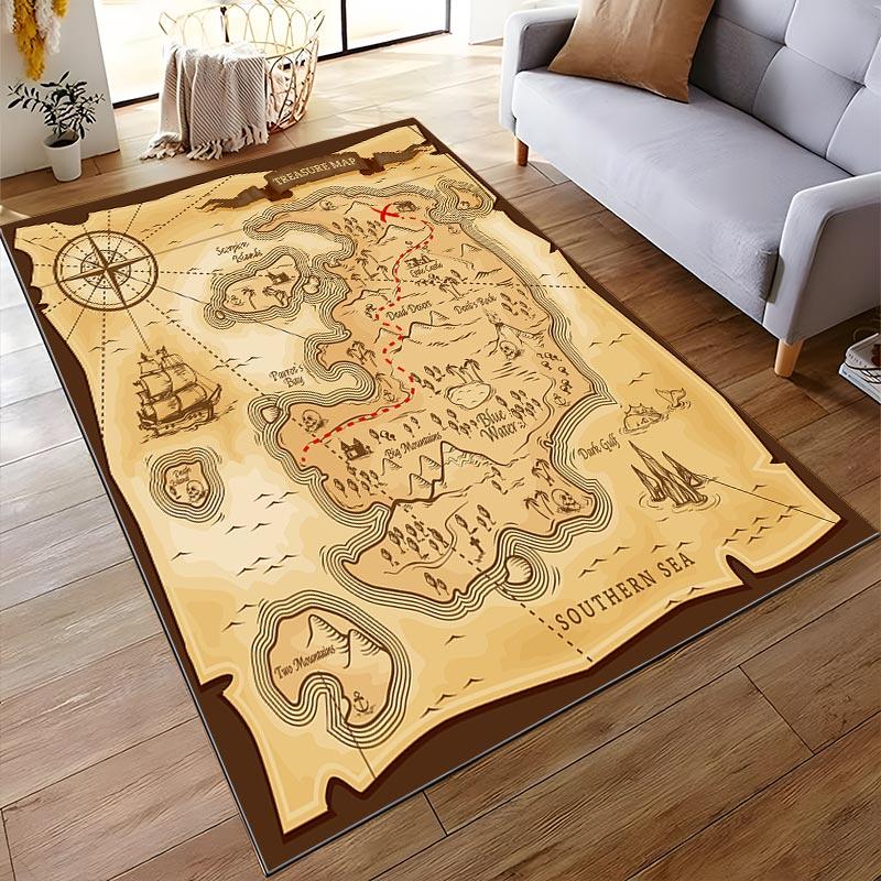 Treasure Map Pattern Carpet for Living Room, Pirate Adventure Decor Suitable for Use As an Anti-slip for Living Room Bedroom Sofas