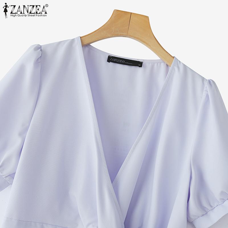 ZANZEA Elegant Women Short Sleeve Side Button Waist Pleated Casual Midi Office Dress