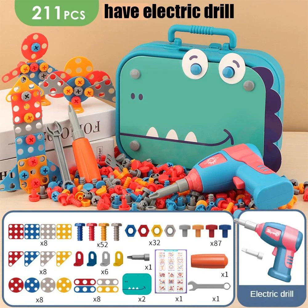 Ungiftige 3D-Puzzle-Spielzeuge Rollenspiel Werkzeugkasten Bohren Montage Lernspielzeug Kinderspielzeug Werkzeugkasten Elektrischer Bohrer Schraube Mutter