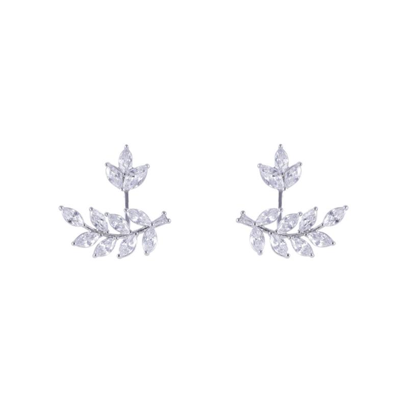 Elegant Zircon Wheat Leaf Stud Earrings: Silver Needle, Versatile Convertible Style, Exquisite Design