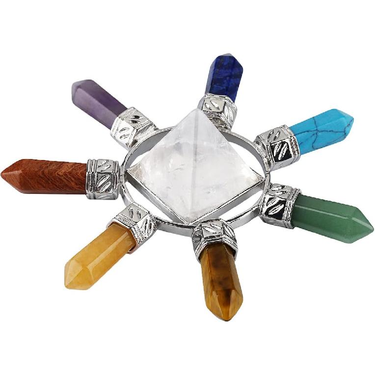 Rockcloud Pyramid & 7 Chakra Points Energy Generator,Reiki Healing Crystal Stone,Rock Quartz