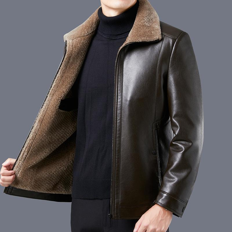 New Men's Leather Jacket Winter Plush Dad's Oversized Middle-aged and Elderly Motorcycle Jacket Men's Leather Jacket