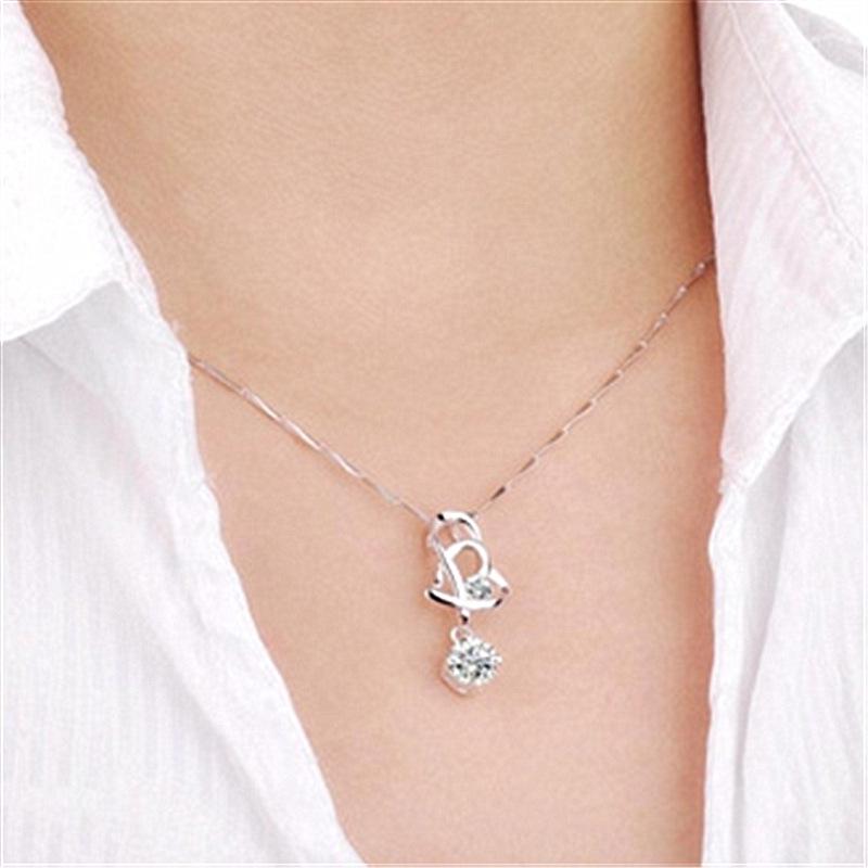 Korean Silver Double Heart Pendant Necklace
