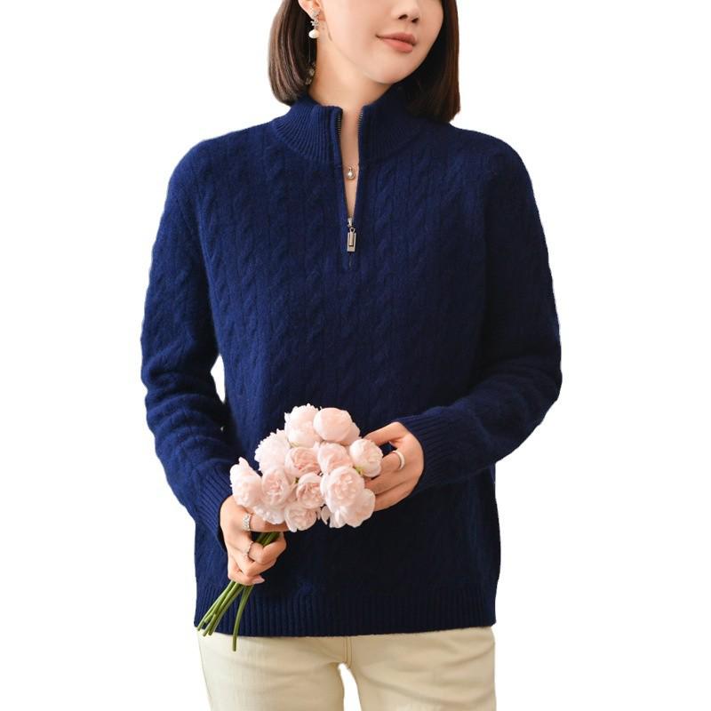 2024 Autumn/Winter Women's Thick Half-Zip Stand Collar Cable Knit Wool Sweater