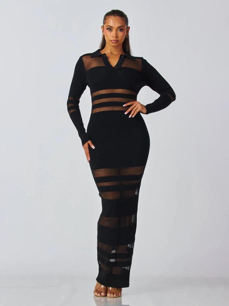 TW823 European and American Women's High-End Mesh Splicing Slim-Fit Waist-Cinched Long Dress for Autumn and Winter