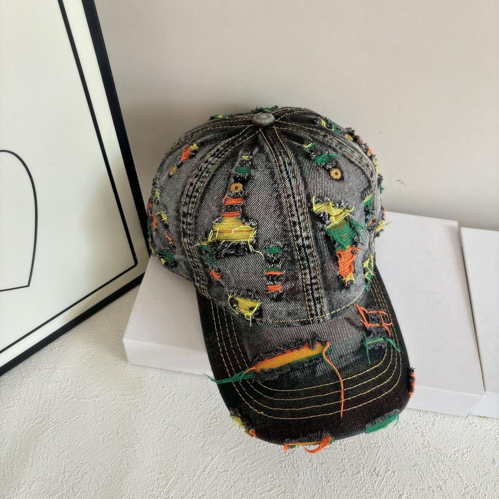 Fashion Style Women Cap Tear Style Hole Vintage Colorful Lines Baseball Caps Female Casual Outdoor Streetwear Denim Hat