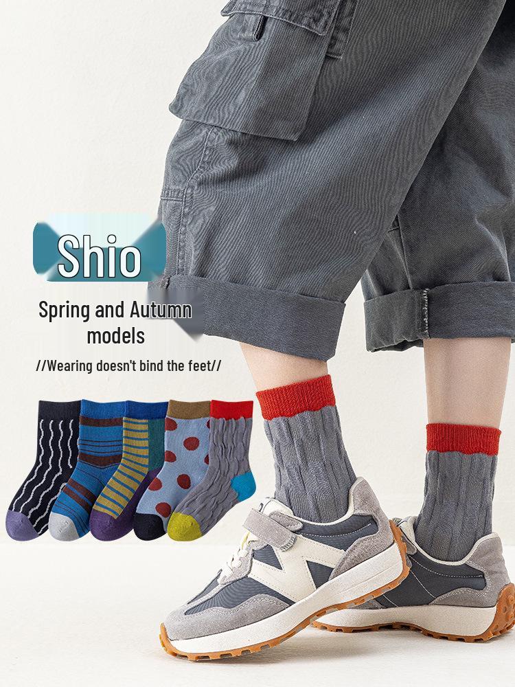 Children's Mid-Calf Socks - Korean Style, Color Block & Polka Dot Designs for Spring & Autumn