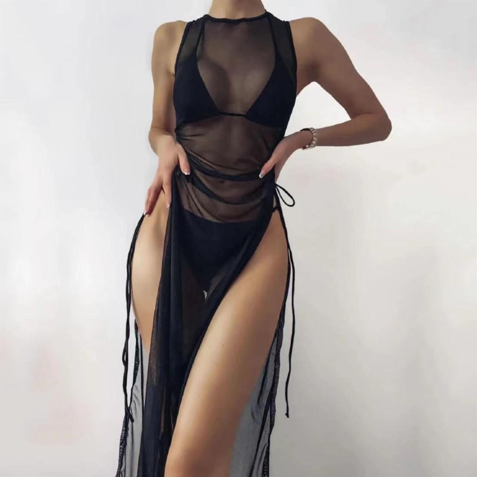 

Черный комплект из 3 предметов, водолазка, купальник, женский прозрачный купальник, накидка для женщин, бикини на шнуровке, бюстгальтер с лямкой на бретельках, купальный костюм XL чёрный