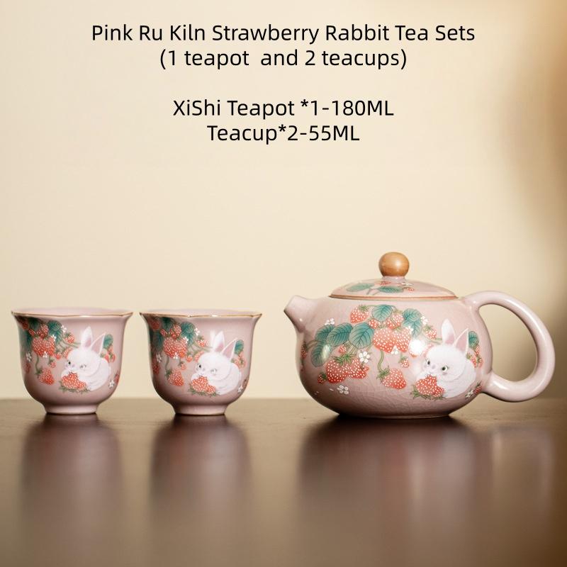 

Pink Ru Kiln Strawberry Rabbit Xi Shi Teapot Vintage Tea Brewing Kettle Tea Maker 1 Teapot 2Teacups Tea Ceremony Kungfu Tea Set Three-piece Set