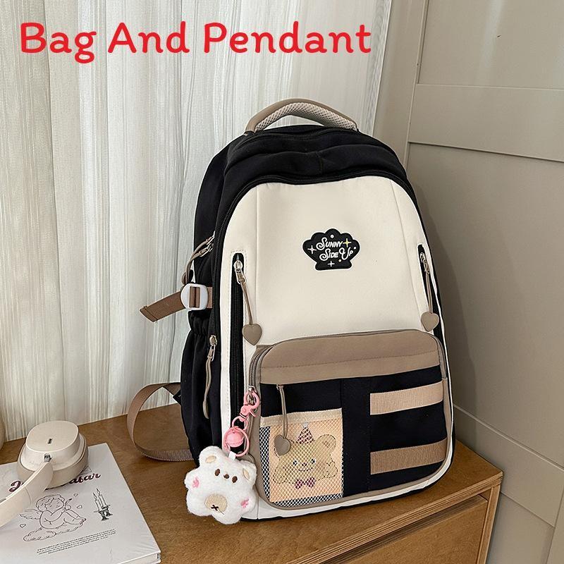 Blocked Cute Color Large Capacity Student Backpack With Pendant For Teens