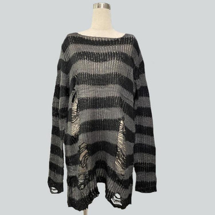 Unisex Women Cool Thin Loose Gothic Striped Long Jumper Dark Punk Streetwear Hollow Out Top Broken Hole