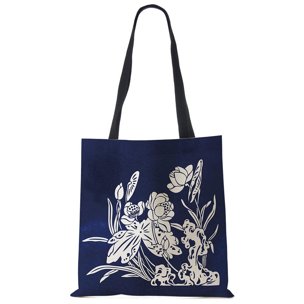 Vintage Print Casual Shoulder Bag Flowers Leaves Women Shopping Reusable Handbag Large Capacity Canvas Travel Beach Tote Bags CLE