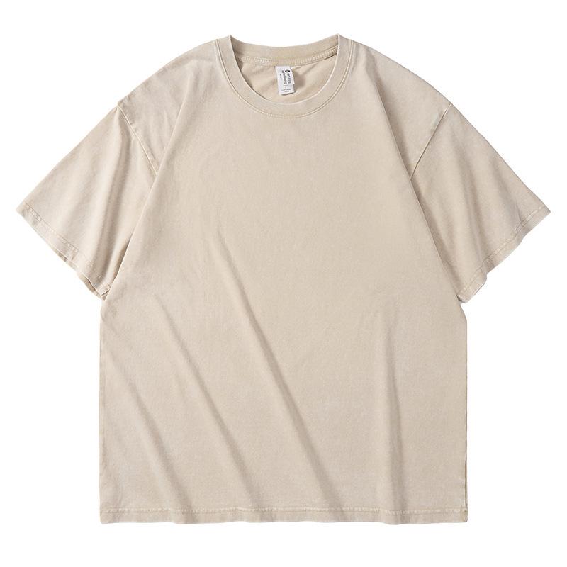 Retro bawełniany T-shirt z efektem sprania, 230g, Prany, Krótki rękaw, Okrągły dekolt, Luźny krój, Wzór płatka śniegu, Męska odzież codzienna