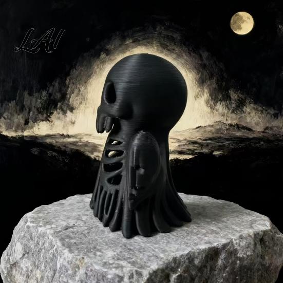 Retro Style Bone Texture Crafts 3D Printed Cthulhu Skull Statue Gothic Hollow Skeleton Decor Matte Black Desktop Storage for Paper Clips Horror