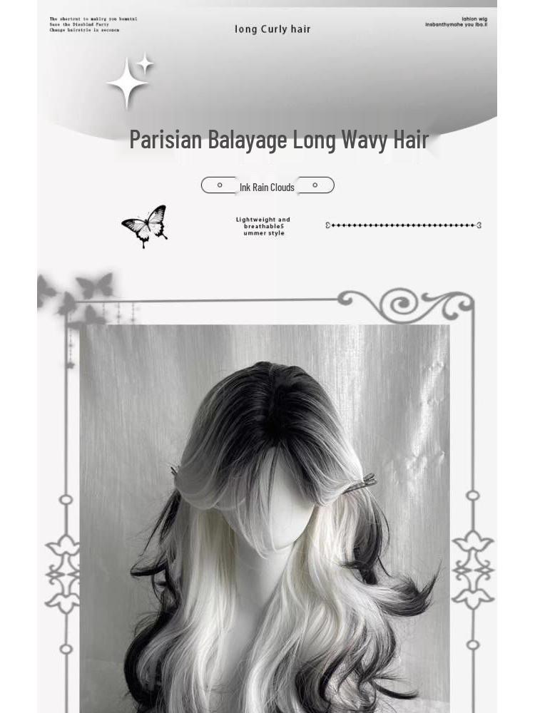 Ink In the Clouds: Black & White Gradient Long Curly Wig with Middle Part