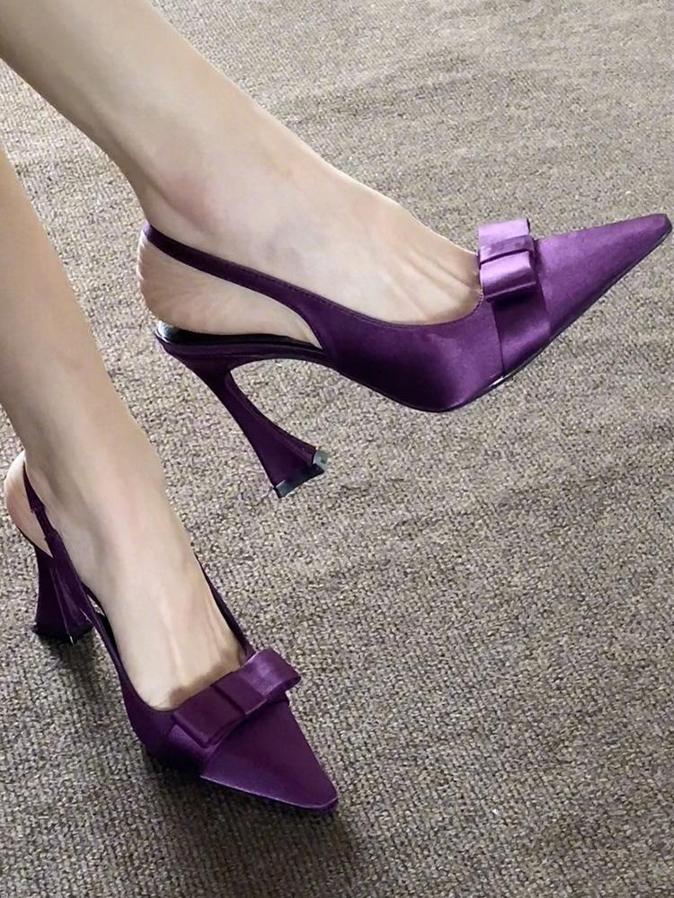 Black pointed bow thick heel high heels women's versatile sexy back empty word with sandals