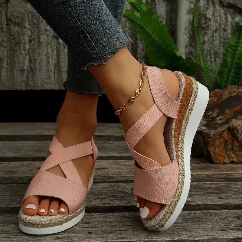 

Summer Linen Straw Woven Platform High Heel Open-Toe Sandals Women Wedge Heel Beach Shoes 43