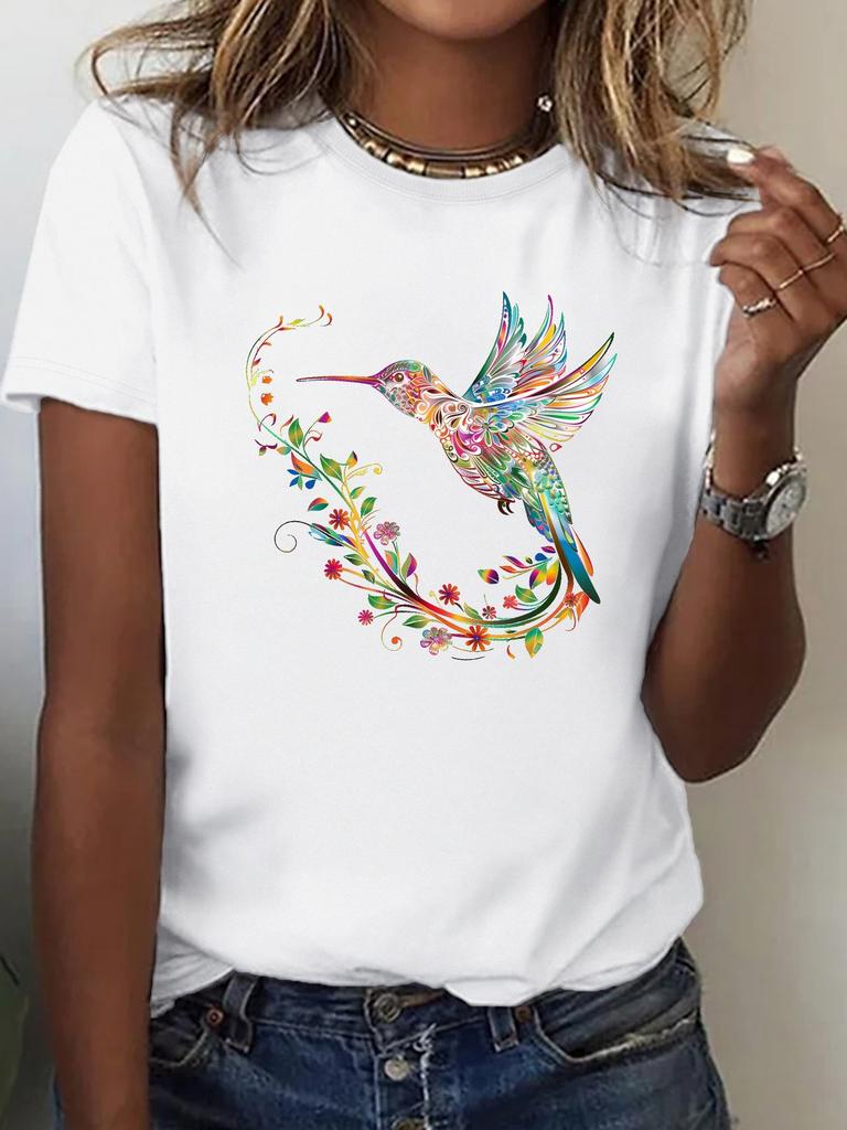 Hummingbird Print Short-sleeved T-shirt Spring and Summer Casual Crew Neck Top Women's Clothing Women Clothing