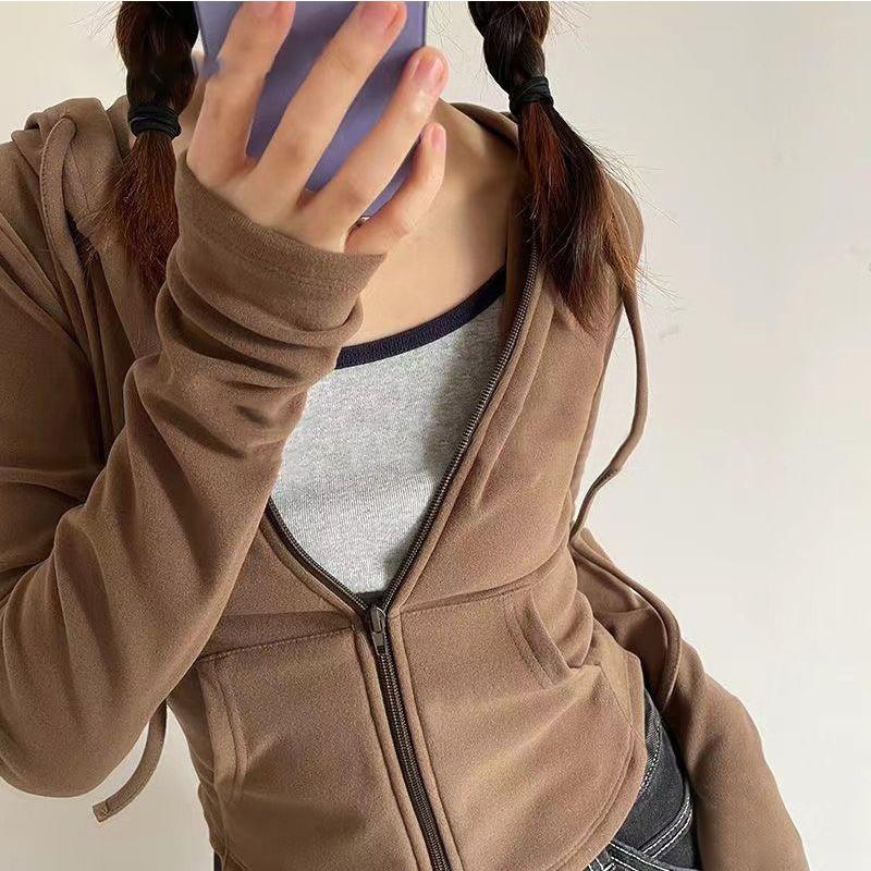 Women’s Spring/Autumn Hooded Cardigan Jacket – Slim-fit, Waist-cinched, Slimming, Long-sleeved, Cropped Top