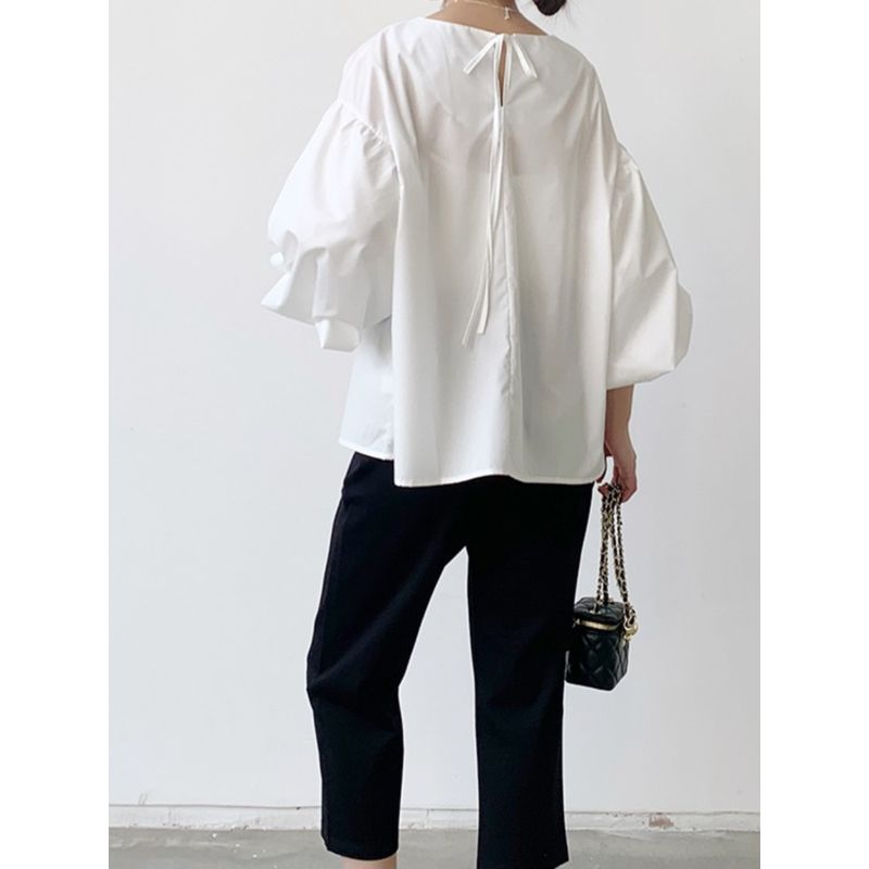Sweet Summer K-style Fashion Solid Color round Neck Loose Cotton Lantern Sleeve Shoelace Half-Sleeve Shirt Tops Women