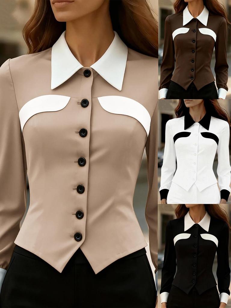 European 2025 Fashion Slimming Color Block Long Sleeve Women's Shirt